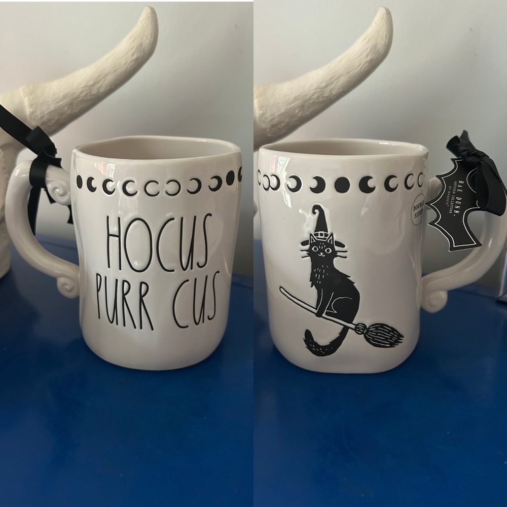 Rae Dunn Black Cat with Witch’s Hat and Moon Phases Hocus Purr Cus Halloween Mug